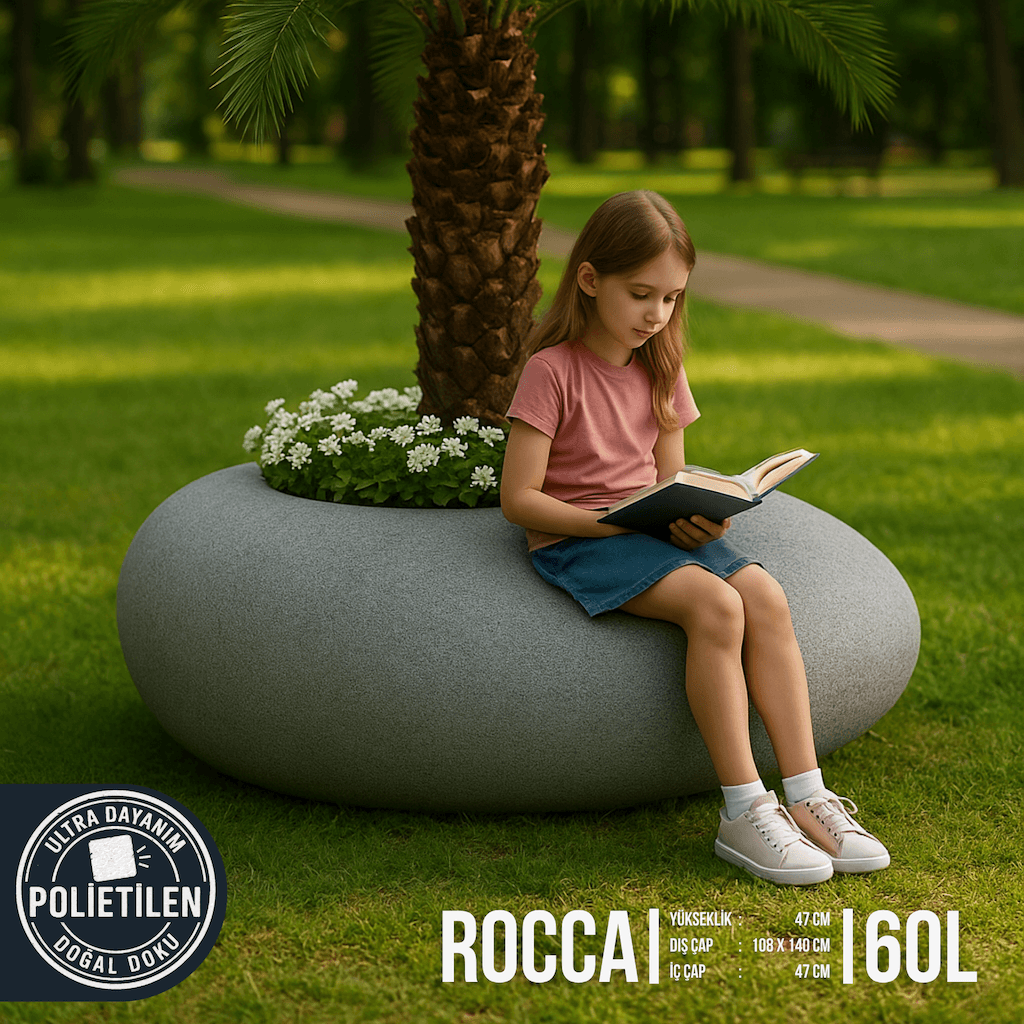 ROCCA Doğal Taş Dokulu Oturma ve Peyzaj Saksısı | Modern Bank Bahçe Saksısı (140x108 cm – 60 Litre)